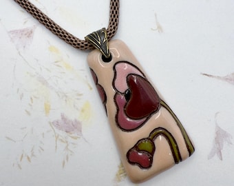 Poppies on Terracotta Pendant Necklace With Enameled Mesh Chain, Trapezoid Poppy Pendant, 20 to 22 Inch Necklace
