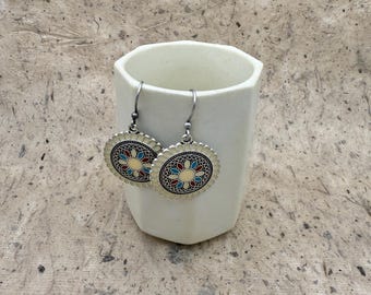 Bohemian Enamel Earrings, Ivory Enamel and Complimentary Colors on an Ancient Design, Drop Dangle Earrings, Silver Plate, Hook Ear Wire