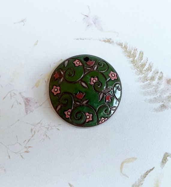 Flowers and Vines on Dark Forest Green, Round Terracotta Pendant, Golem Design Studio, Unglazed on the Reverse