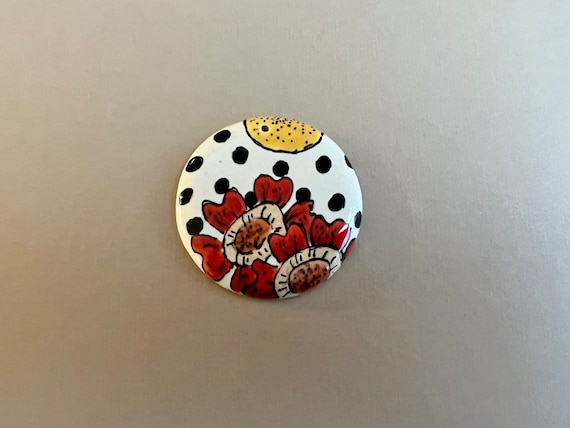 Poppies and Polka Dots Large Round Pendant, Poppies on White, Hand Crafted Artisan Beads by Damyanah Studio, Stoneware Pendants