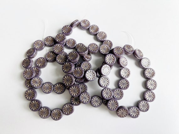 Coin Aster Flower, 12mm, Purple Silk with a Platinum Wash, Table Cut Czech Glass, Aster Flowers, 15 Pieces