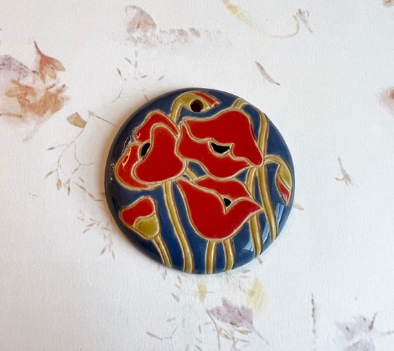 Red Poppies On Blue Background,  Large Round Focal Bead, Pendant Bead, Golem Design Studio