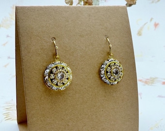 Swarovski Three Tier Crystal Earrings, Crystals Set in Raw Brass, Shepard's Hook Ear Wire, Pierced Earrings, Dangle Earrings