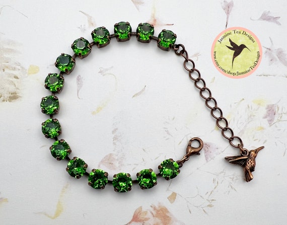 Dark Moss Green Crystal Bracelet, 8mm Swarovski Crystal Chaton, Adjustable From 7 Inches Up, Antique Copper