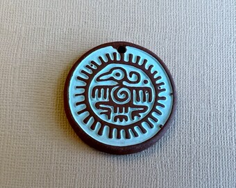 Sun Eagle Pendant, Light Brown Terracotta, Turquoise Sun Eagle, Round Terracotta Pendant, Artisan Beads, Handcrafted Beads and Pendants