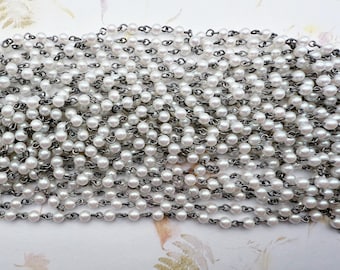 Pearlescent White Glass Pearl Chain, 4mm Wire Wrapped Pearl Chain, Antique Silver Wire