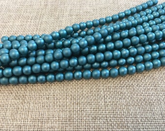Teal 6mm Glass Pearls, 25 Pearls Per Strand, Matte Finish