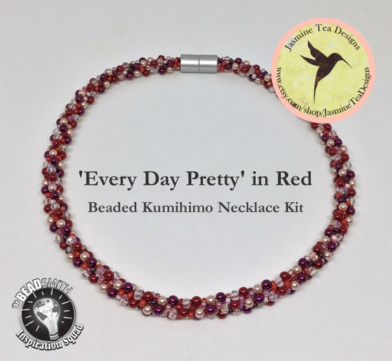 KIT, Every Day Pretty in Red, Beaded Kumihimo Necklace Kit, Loading Instructions Included, Beads And Clasp Included