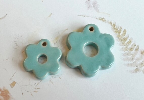 A Set Of Two Blue Hex Flower Pendants, Small is 28mm, Large is 38mm, Blue Glazed Stoneware Hex Flowers
