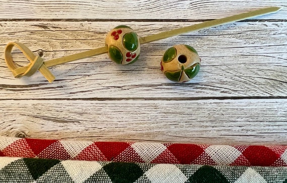 Christmas Holly With Red Berries, Glazed And Hand Carved Ceramic Round Beads, Large Hole Beads, Light Green Leaves