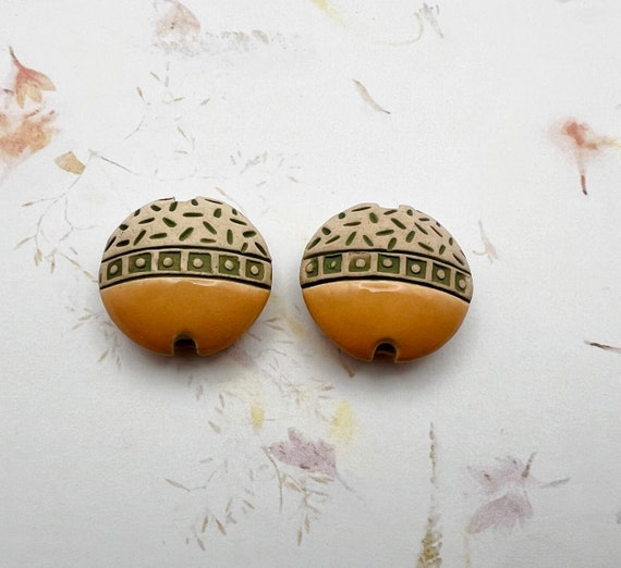 NEW! Set of Two, Medium Lentil Shaped Beads, Hand Stamped and Glazed Stoneware Beads, Hand Crafted Artisan Stoneware Beads