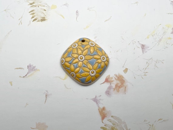 Bright Yellow Flowers On Light Blue, Oval Diamond Shaped Stoneware Pendant, Golem Design Studio Beads, 39mm