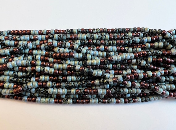 6/o Aged Midnight Sky Picasso Mix, Czech Glass Seed Beads, 4mm Seed Beads, 20 Inch Strand, Approximately 150 Per Strand, 13 Grams