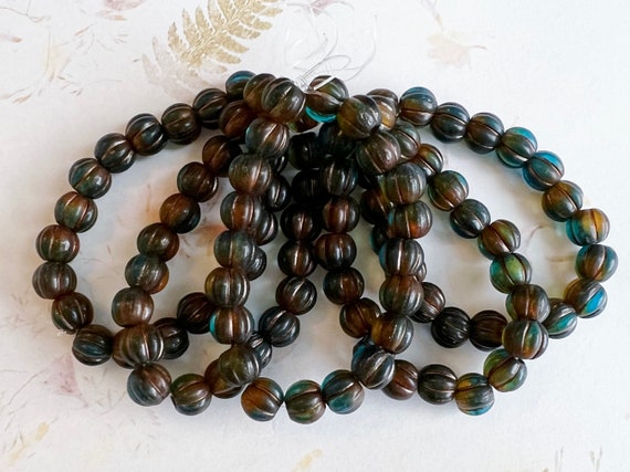 8mm Large Hole Melon Beads, Teal, Topaz and Artichoke with Copper Wash Melon Beads, Melon Glass 20 Beads Per Strand