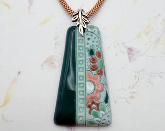 Spring Flowers Necklace, Trapezoid Pendant Necklace, 52mm Long x 28mm Wide, Hand Carved, Stamped and Glazed Mixed Technique Pendant Necklace
