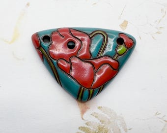 Red Poppies on Teal, Large Triangle Terracotta Pendant, Poppies, Two Hole, Front Drilled, Teal Glaze Front and Showing Terracotta Back