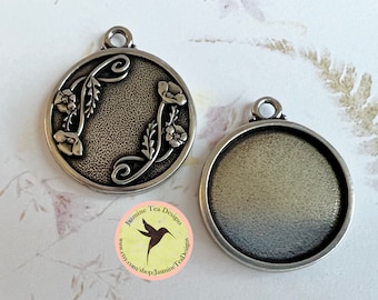 Poppy Design 1 Inch Bezel Pendant, Antiqued Pewter, Bezel Fits a 25mm Cabochon, Poppy Design, Bezel, Pendant