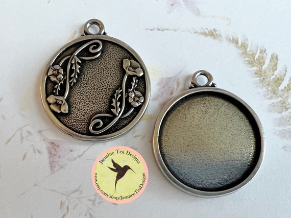 Poppy Design 1 Inch Bezel Pendant, Antiqued Pewter, Bezel Fits a 25mm Cabochon, Poppy Design, Bezel, Pendant