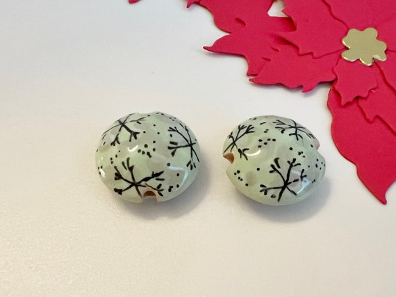 Snowflakes, Lentil Shaped Ceramic Bead, Hand Crafted Artisan Beads, Damyanah Studio