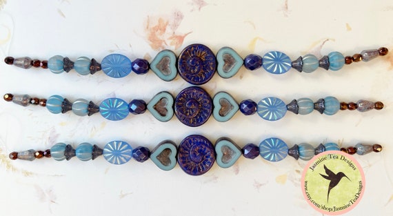 Love is Blue, Heart Czech Glass Mix, 7 Inch Strand of Assorted Table Cut Czech Glass Beads in Blue Color Tones