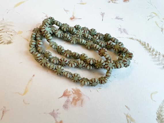 Catus Flower Beads, Czech Glass Pressed Beads, 9mm, Sage Green with Picasso Finish, 25 Beads Per Strand