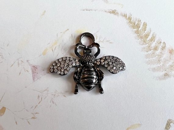 French Bee Large Charm or Pendant, CZ Micro Pave French Bee, Gunmetal Finish, 33mm x 39mm