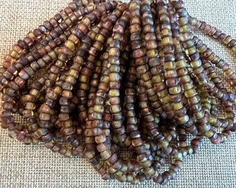 4x3mm Trica Yellow and Crimson with a Etched Rainbow Copper Finish, Fire Polish Beads, 50 Beads Per Strand, 1mm Center Hole, Trica Beads