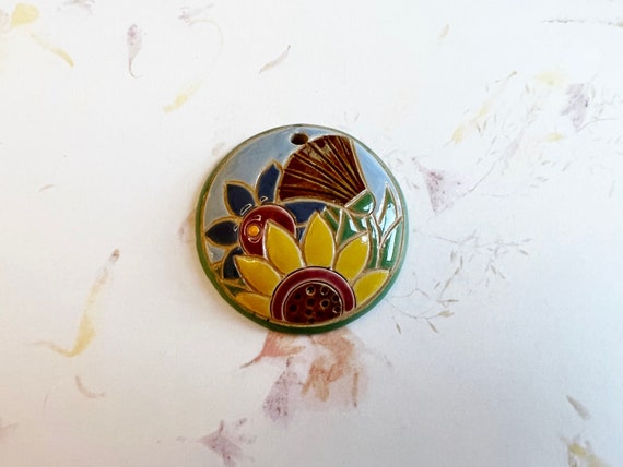 Sunflower in the Garden, Round Domed Stoneware Pendant, Glazed On Both Sides, Golem Design Studio Beads, 1.5 Inches Round