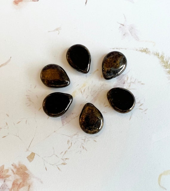 Polished Drops, Jet Bronze Picasso, 16x12mm Drops, Set of 6 Beads