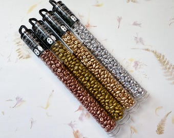 SuperDuo Metallics Set, Matubo SuperDuo Bead, 2.5x5mm, 22 Grams Each, Crystal Aztec Gold, Copper, Pale Gold and Aluminum, 2 Hole Beads Tubed