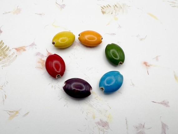 NEW!  Set of 6 Rainbow Glazed Almond Shaped Beads, Rainbow Colored Glazes on High Fired Stoneware, Medium Size Almond Shaped Beads