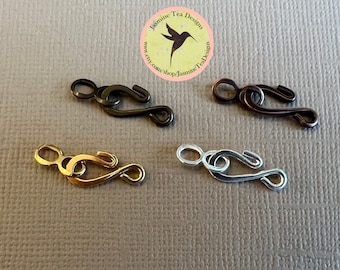 Set of 4 Hook and Eye Jewelry Clasps, Available in Antique Brass and Copper, Shiny Gold and Silver, 14mm Long When Connected