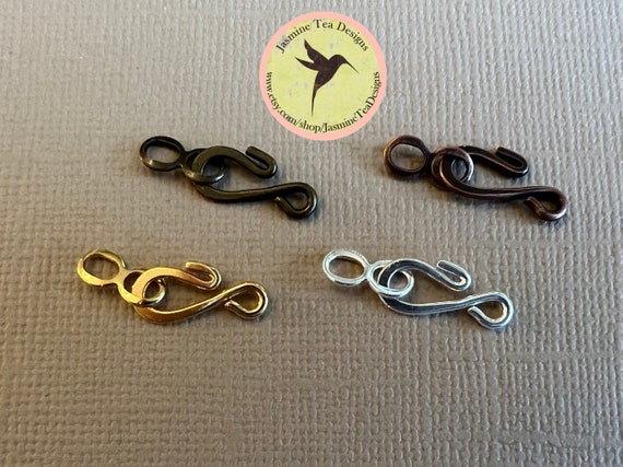 Set of 4 Hook and Eye Jewelry Clasps, Available in Antique Brass and Copper, Shiny Gold and Silver, 14mm Long When Connected