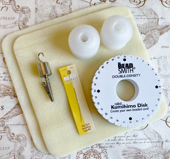 KIT, Kumihimo Starter Kit, Includes 20mm Double Density Mini Foam Disk, No-Tangle Bobbins, Kumi Weight, Big Eye Needle and Soft Bead Mats