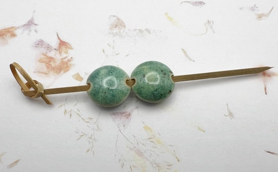 NEW! Golem Lentil Shaped Beadss, Set of Two, Pistachio Speckled, Hand Made Artisan Ceramic Beads