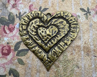 Layered Hearts, Antique Brass, Hammered Finish, Valentine Layered Heart Pendant, Large Heart Pendant