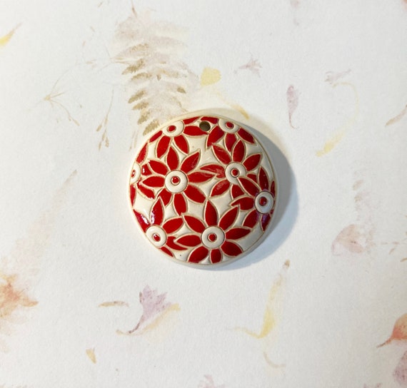 Red Petal Flowers On White Background Pendant, Round Domed Ceramic Pendant Bead, Golem Design Studio Beads, 1.5 Inches Round