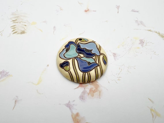 Blue Poppies On Sand Background,  Large Round Focal Bead, Pendant Bead, Golem Design Studio