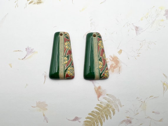 NEW! Spring Bloom Pair, Stoneware Beads, Set of Two Beads, Long 41mm x Wide 21mm, Earrings or Charm, Carved, Stamped and Hand Glazed