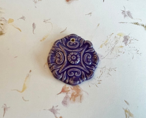 Four Winds, Blue Grape Compass Flower Pendant, Stoneware Pendant, Hand Carved and Hand Glazed by Golem Design Studio