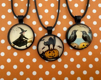 Flying Witch, Black Cat with Jack O'Lantern or Murder of Crows, Enamel Bezel, Halloween