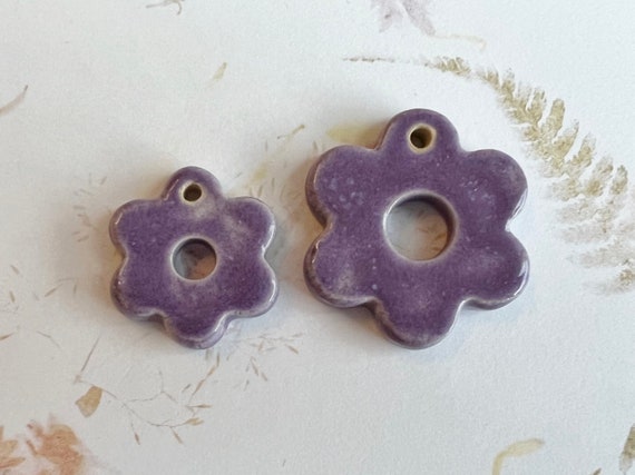 A Set Of Two Purple Hex Flower Pendants, Small is 28mm, Large is 38mm, Purple Glazed Stoneware Hex Flowers