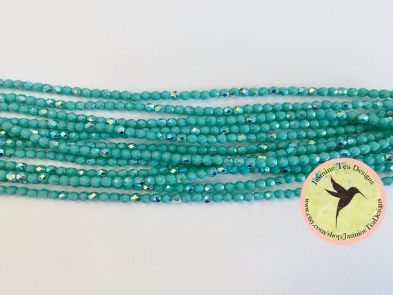 4mm Green Turquoise AB Fire Polish Beads, Round Faceted Fire Polish Beads, 50 Beads Per Strand