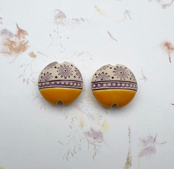 NEW! Set of Two, Medium Lentil Shaped Beads, Hand Stamped and Glazed Stoneware Beads, Hand Crafted Artisan Stoneware Beads