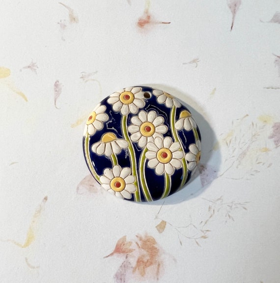 Large Round Daisy Pendant With Deep Blue Background And White, Yellow and Orange Daisies, Focal Bead, Pendant Bead, Golem Studio Designs