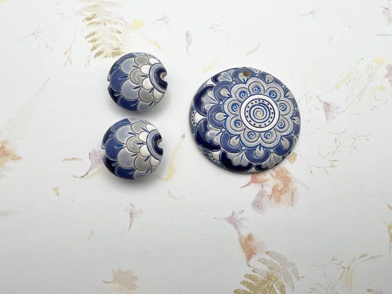 New! Blue Scales, Large Round Stoneware Pendant and Two Lentil Shaped Focal Beads, Medium Lentil Shaped Beads, Golem Studio Designs