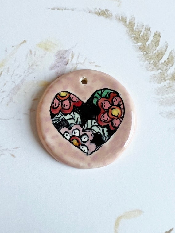 Special Heart Design by Damyanah Studio, Small Pendant, Hand Painted and Hand Glazed Stoneware Pendant