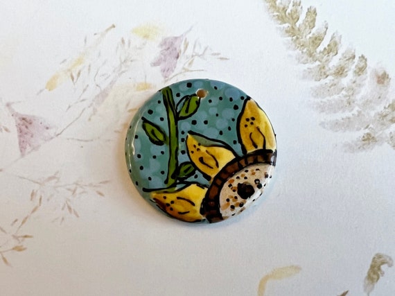 Sunflower In Blue Sky by Damyanah Studio, Small Pendant, Hand Painted and Hand Glazed Stoneware Pendant