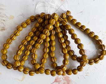 6mm Large Hole Melon Beads, Yellow Gold with Brown, 25 Beads Per Strand, Great Mustard Color