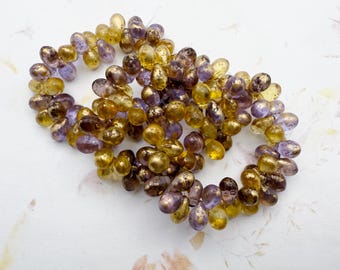 5x7mm Teardrop Beads In A Mix Of Grape And Yellow With Gold Flake, 5x7mm Teardrop Beads, 50 Teardrops